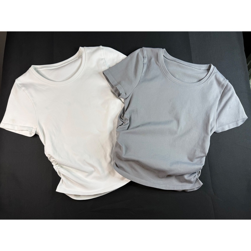 OQQ Womens 2 Pack Ribbed Side Ruched Short Sleeve T-Shirts Grey White Medium